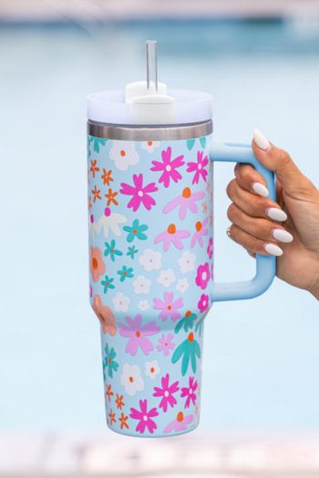 Beau Blue Cute Flower Print Handled Cup With Straw 40oz