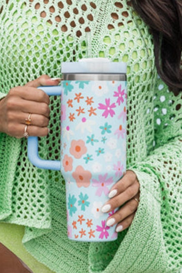Beau Blue Cute Flower Print Handled Cup With Straw 40oz - Image 2