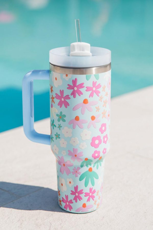 Beau Blue Cute Flower Print Handled Cup With Straw 40oz - Image 3