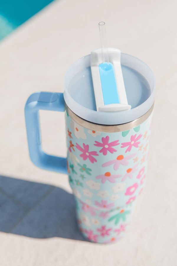 Beau Blue Cute Flower Print Handled Cup With Straw 40oz - Image 4