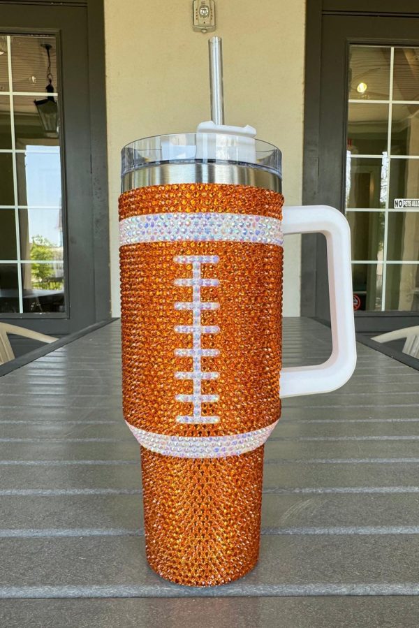 Orange 40oz Rhinestone Rugby Football Handle Vacuum Cup - Image 2