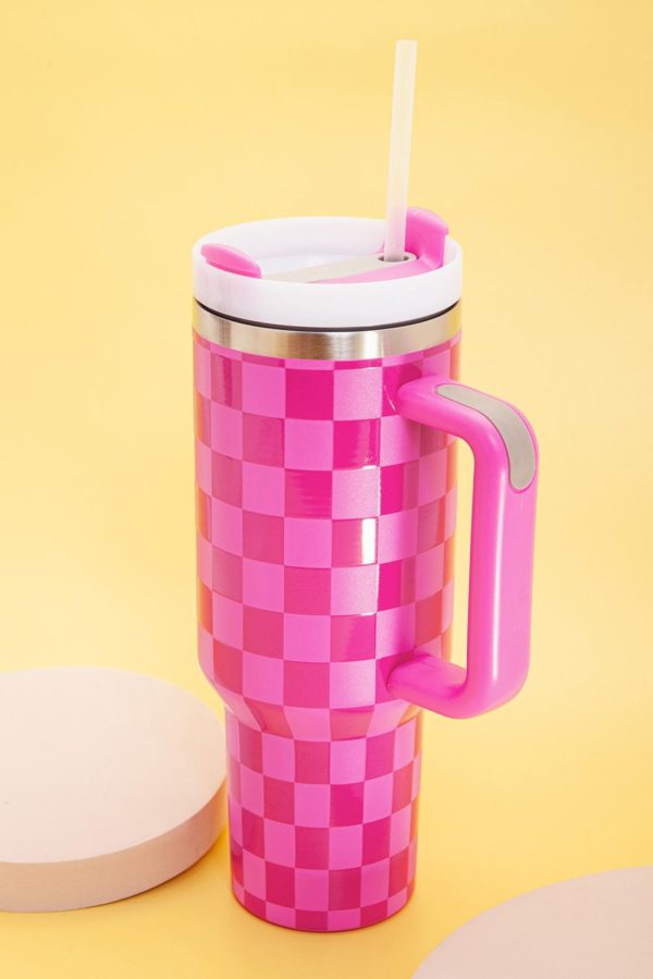 Pink Checkered Print Handled Stainless Steel Tumbler Cup - Image 2