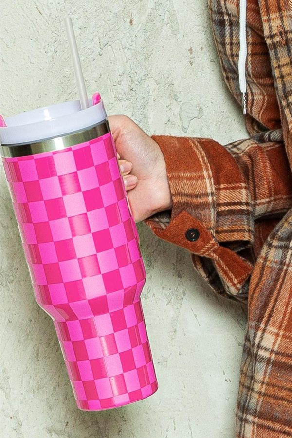 Pink Checkered Print Handled Stainless Steel Tumbler Cup - Image 11