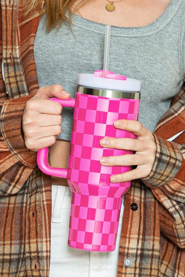 Pink Checkered Print Handled Stainless Steel Tumbler Cup - Image 12