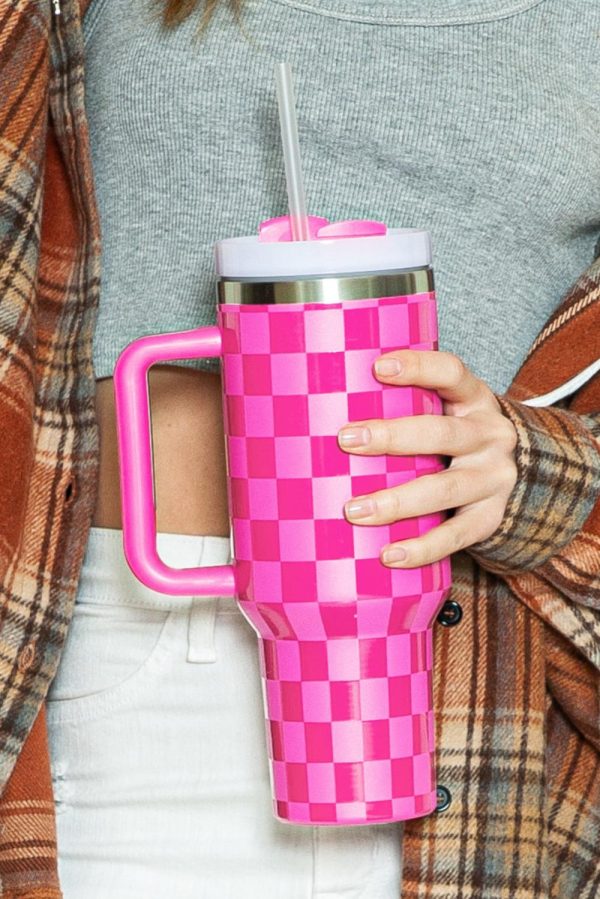 Pink Checkered Print Handled Stainless Steel Tumbler Cup - Image 13