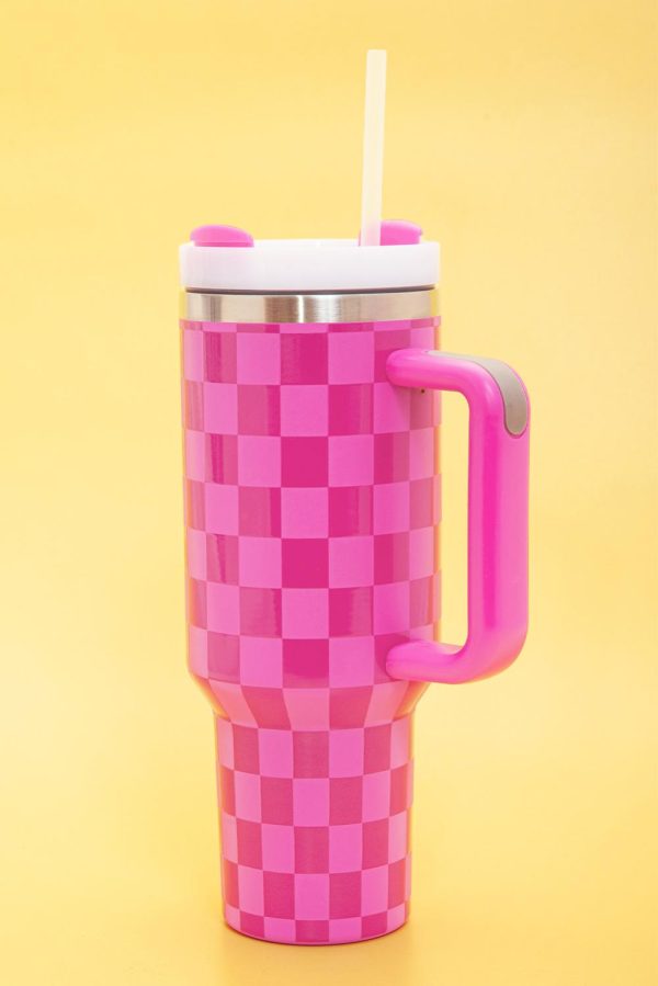 Pink Checkered Print Handled Stainless Steel Tumbler Cup - Image 14