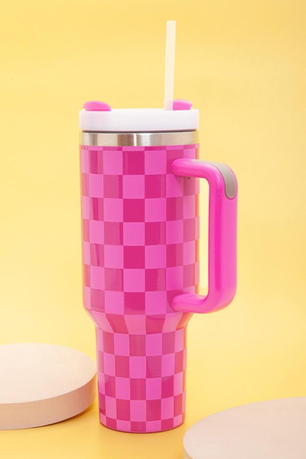 Pink Checkered Print Handled Stainless Steel Tumbler Cup - Image 15