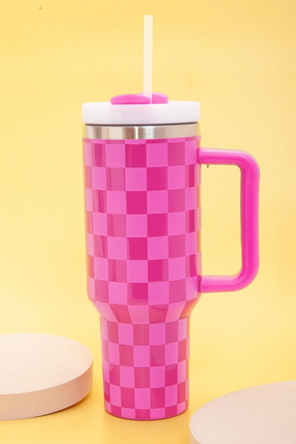 Pink Checkered Print Handled Stainless Steel Tumbler Cup - Image 3
