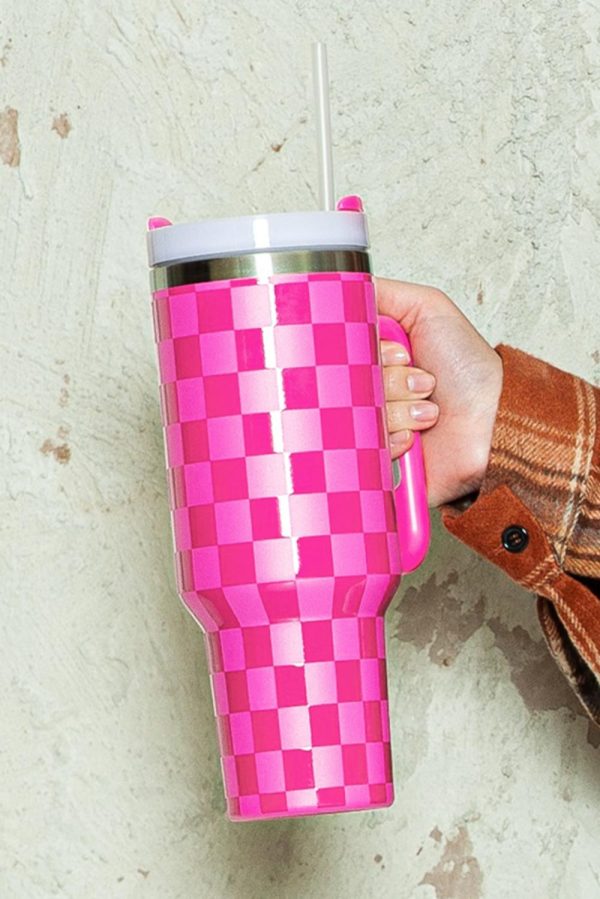 Pink Checkered Print Handled Stainless Steel Tumbler Cup - Image 6