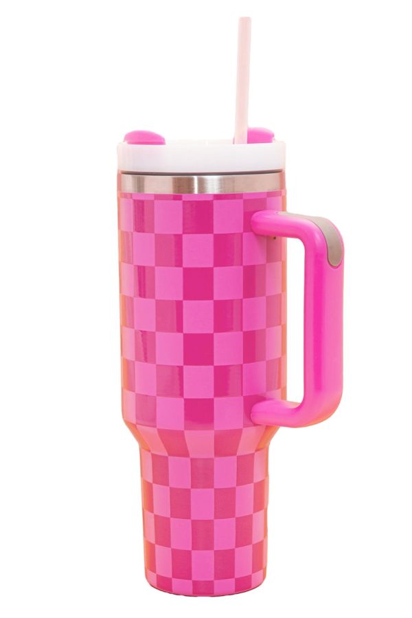 Pink Checkered Print Handled Stainless Steel Tumbler Cup - Image 7