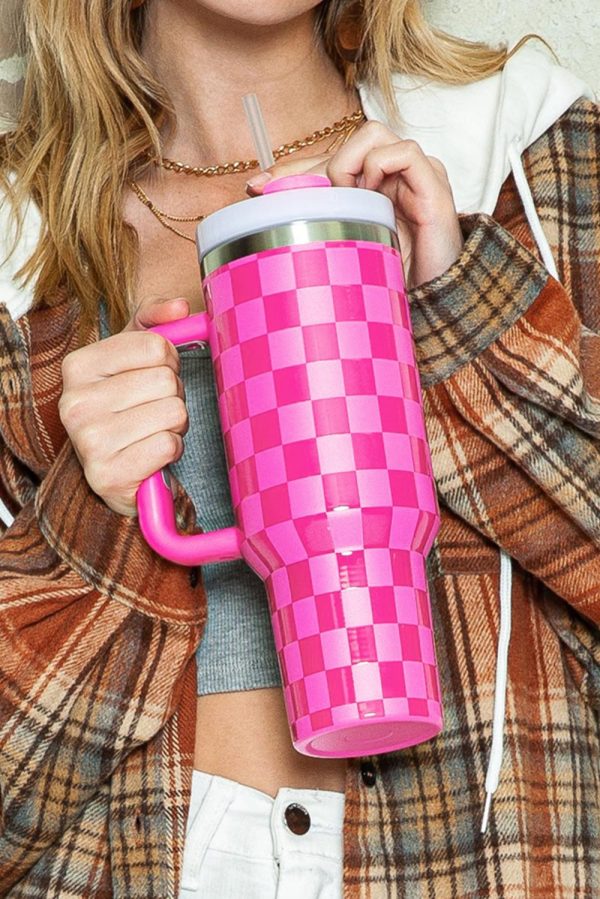 Pink Checkered Print Handled Stainless Steel Tumbler Cup - Image 8