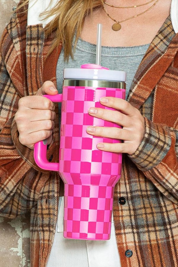 Pink Checkered Print Handled Stainless Steel Tumbler Cup - Image 9