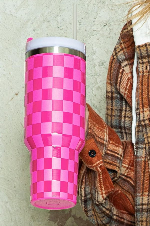 Pink Checkered Print Handled Stainless Steel Tumbler Cup - Image 10