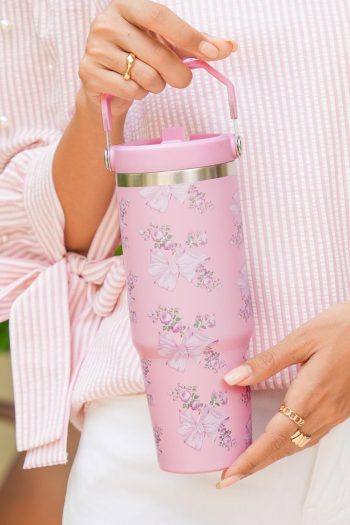 Pink Flower And Bowknot Graphic Tumbler Cup
