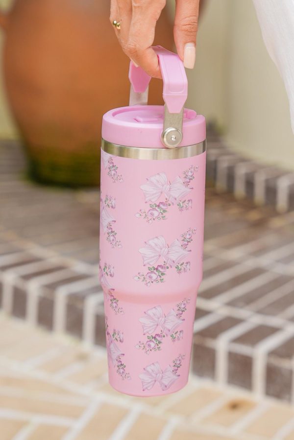 Pink Flower And Bowknot Graphic Tumbler Cup - Image 4