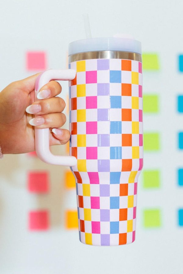 Red 40oz Colorful Checkered Print Handle Vacuum Tumbler Cup - Image 2