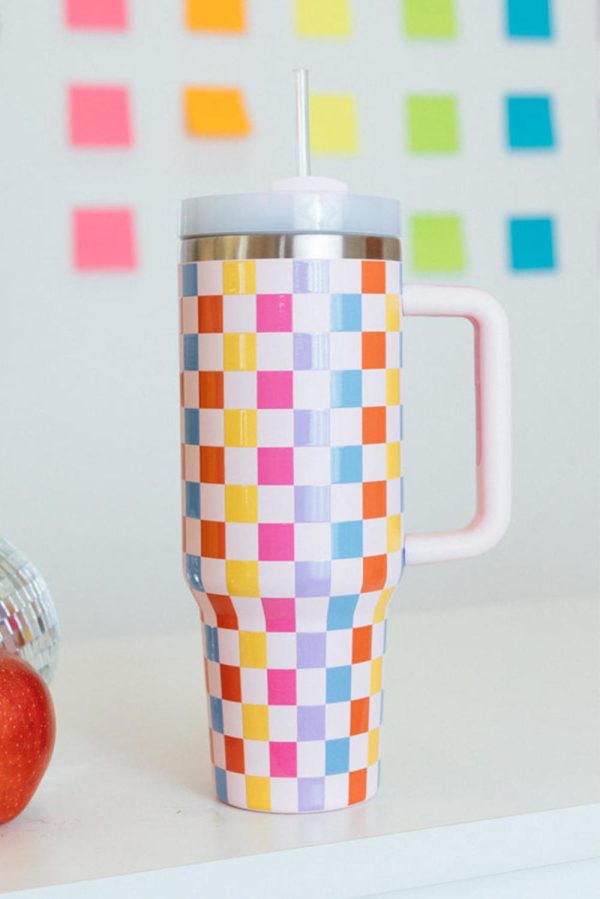 Red 40oz Colorful Checkered Print Handle Vacuum Tumbler Cup - Image 3