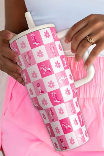 Rose Red Floral Checkered Tumbler Cup