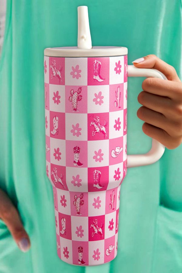 Rose Red Floral Checkered Tumbler Cup - Image 2