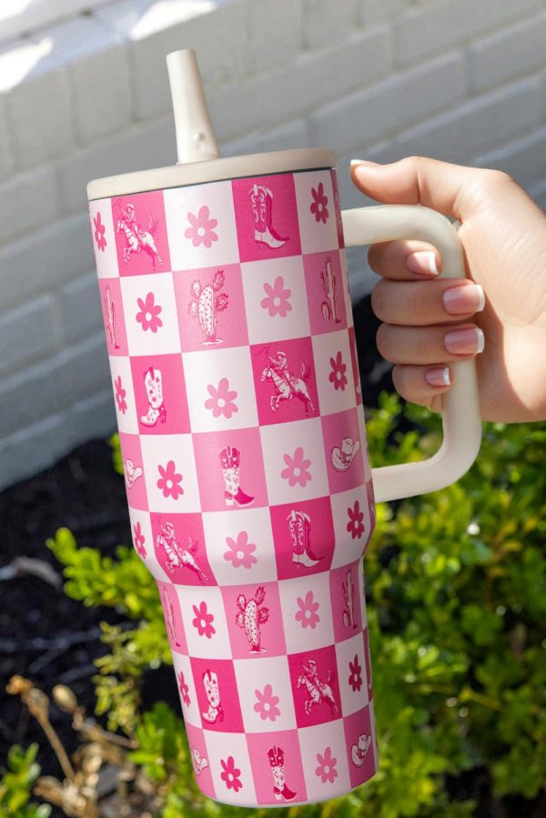 Rose Red Floral Checkered Tumbler Cup - Image 3
