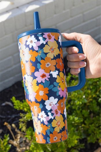 Sky Blue Floral Print Tumbler Cup With Straw