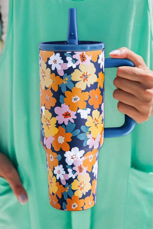 Sky Blue Floral Print Tumbler Cup With Straw - Image 2