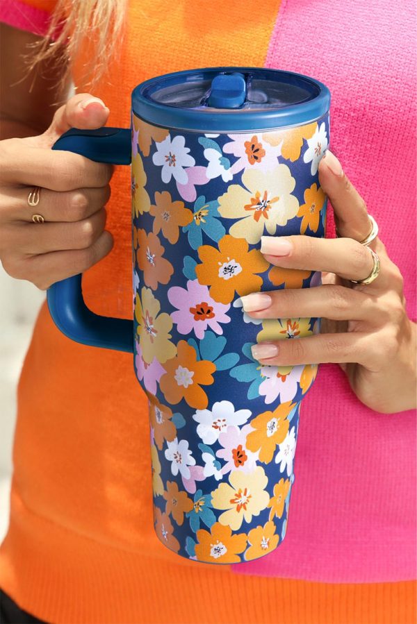 Sky Blue Floral Print Tumbler Cup With Straw - Image 3