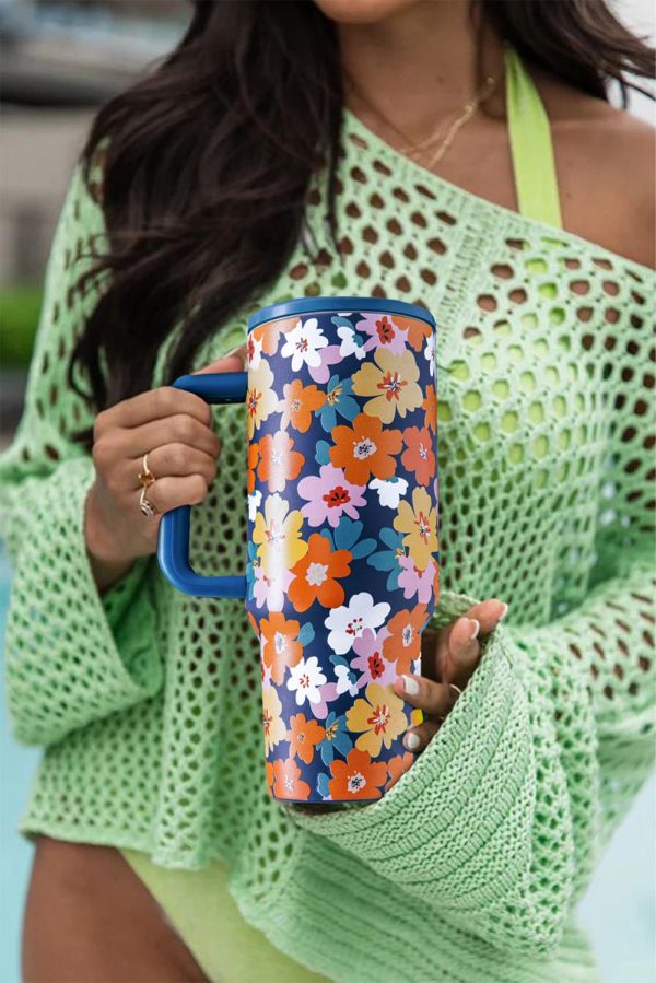 Sky Blue Floral Print Tumbler Cup With Straw - Image 4