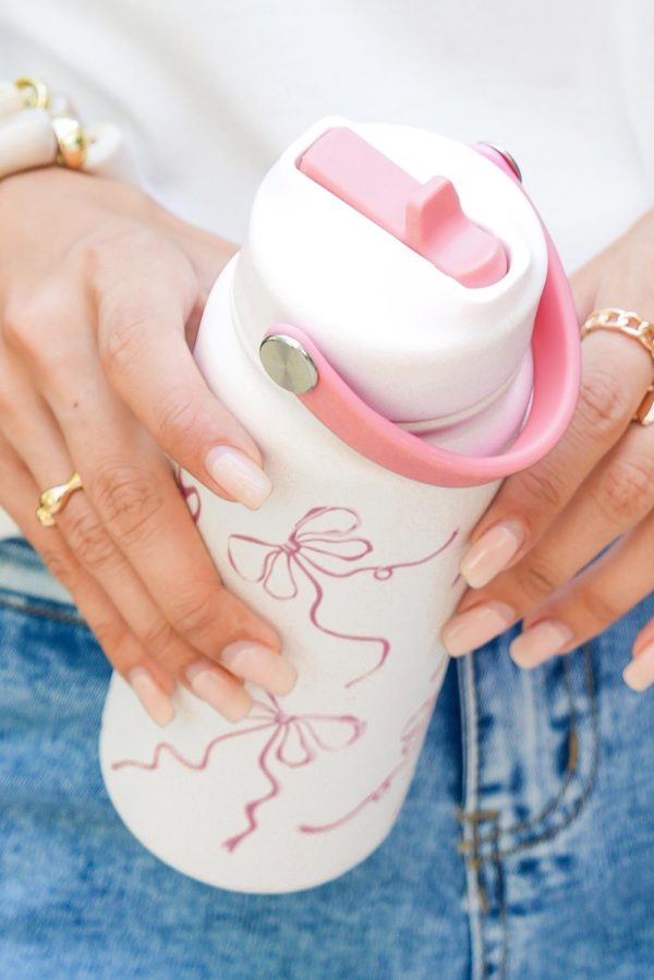 White Bowknot Print Insulated Water Bottle - Image 3
