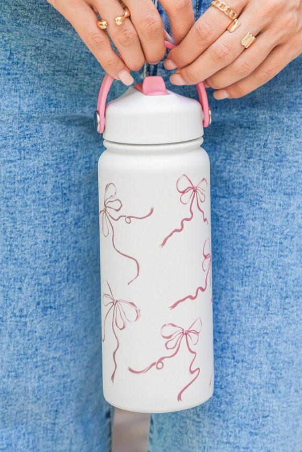 White Bowknot Print Insulated Water Bottle - Image 5