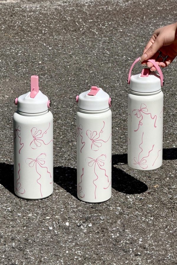 White Bowknot Print Insulated Water Bottle - Image 10
