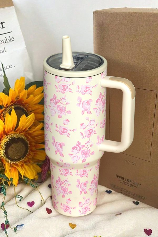 White Flower Print Handle Insulated Large Tumbler - Image 2