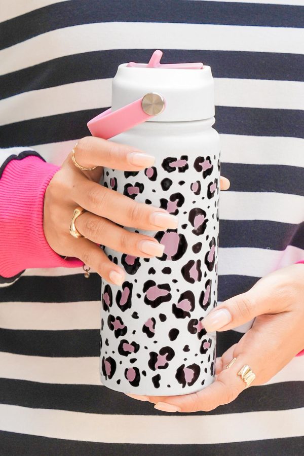 White Leopard Print Insulated Water Bottle - Image 3